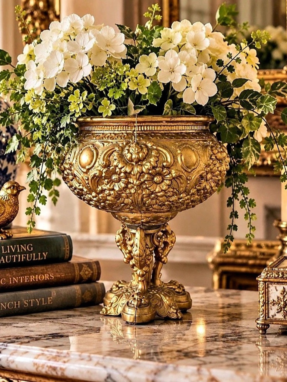 Vintage Gold Tone Cast Metal Floral Pedestal Urn Planter Rococo Revival